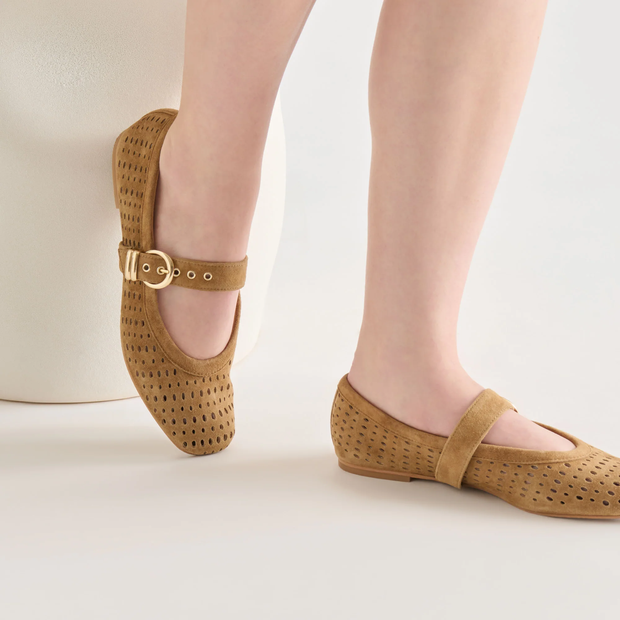 MIKEL BALLET FLATS LT BROWN PERFORATED SUEDE - Image 2