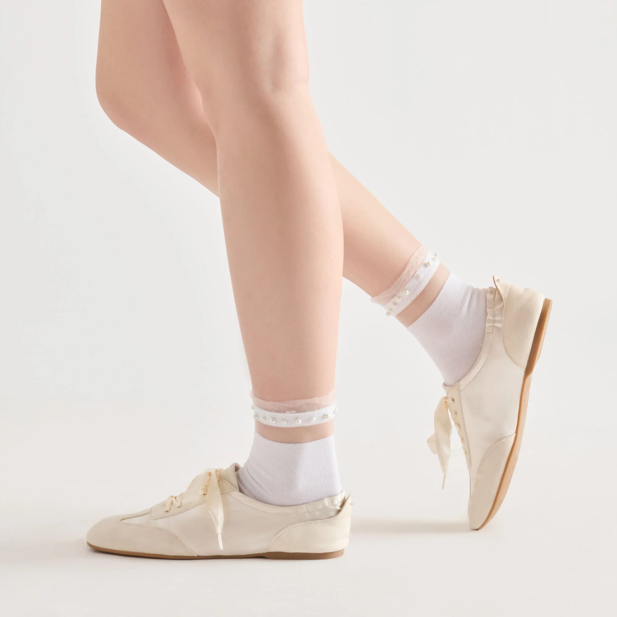 SHEER RUFFLE PEARL ANKLET SOCKS WHITE - Image 2